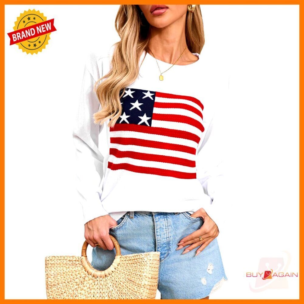 Patriotic Flag Sweater Long Sleeve Crewneck Drop Shoulder Casual Knit Pullover